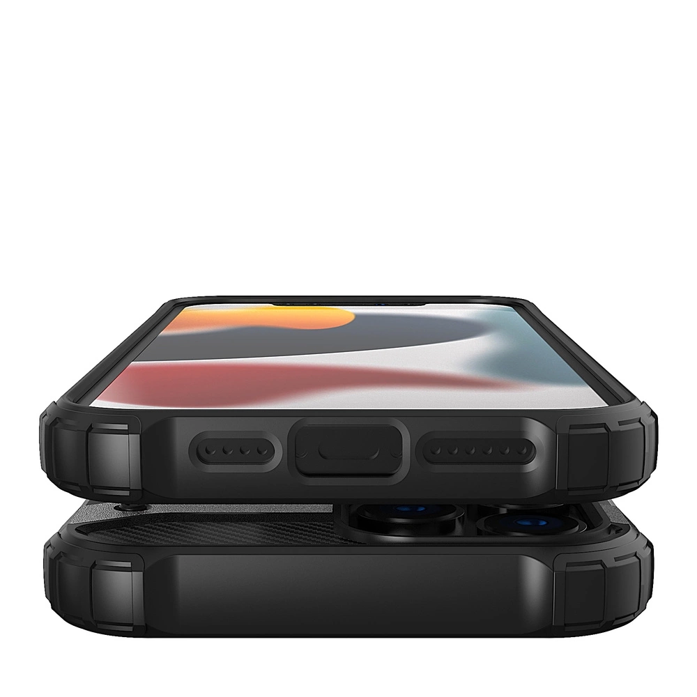 Obraz przedstawia czarne, pancerne etui na telefon, które jest pokazane z dwóch perspektyw: z przodu i z boku. Etui ma wzmocnione narożniki i wycięcia na porty oraz aparat.