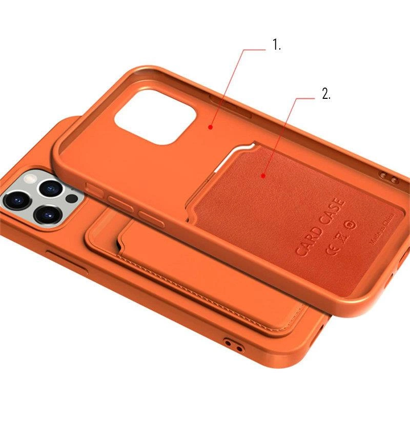 Pomarańczowe silikonowe etui na telefon z kieszonką na kartę, oznaczone jako \'CARD CASE\'. Etui posiada wycięcia na aparat i przyciski boczne.