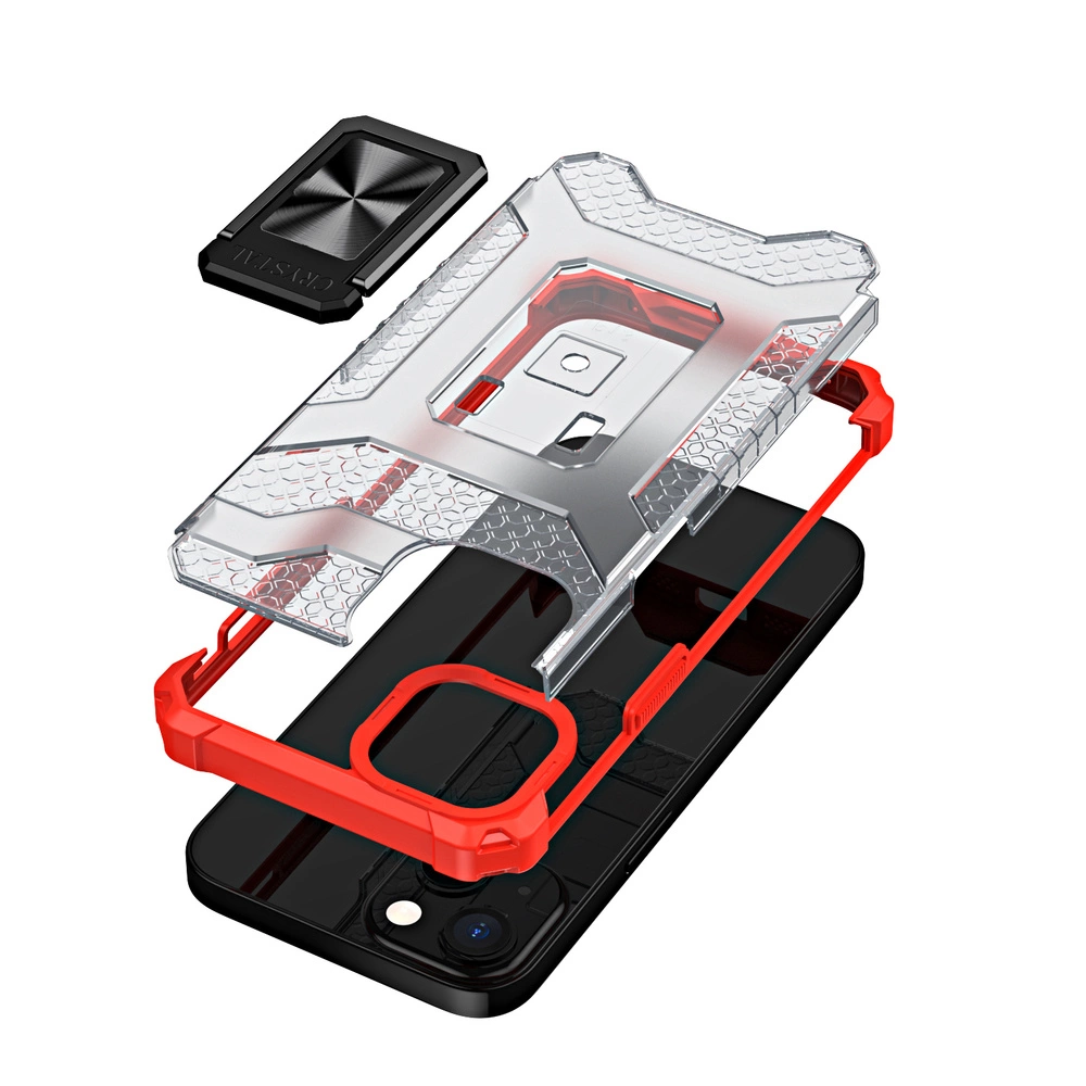 Obraz przedstawia przezroczyste, pancerne etui z czerwonymi elementami, przeznaczone do iPhone 13 Mini. Obok znajduje się czarny, magnetyczny uchwyt z napisem \'CRYSTAL\'.