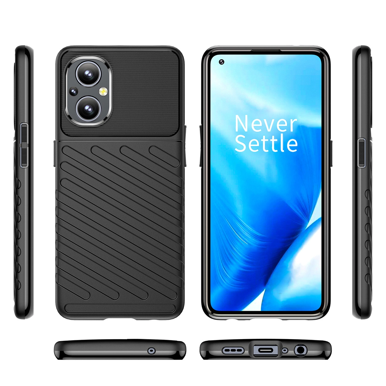 Obraz przedstawia czarne, elastyczne etui pancerne na telefon z widocznymi wycięciami na aparat i porty. Na ekranie telefonu widoczny jest napis \'Never Settle\'.
