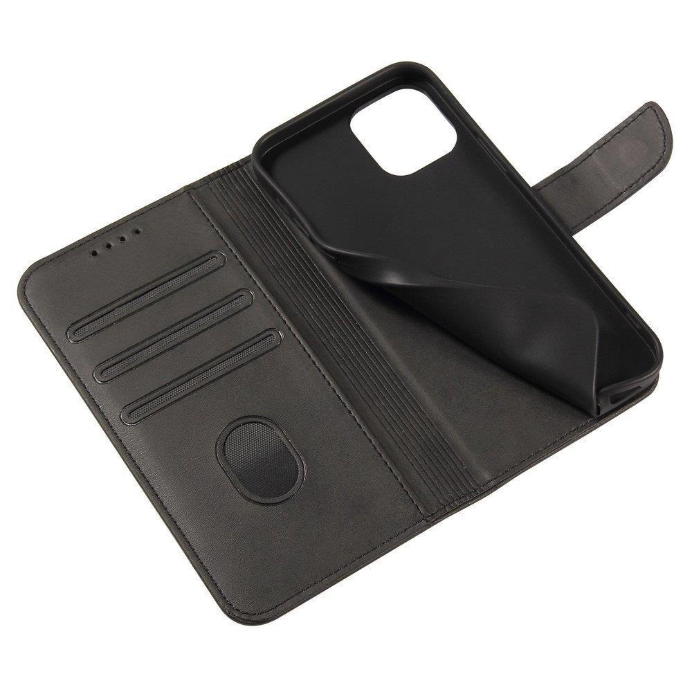 Czarny futerał na telefon z klapką i funkcją podstawki, posiada trzy kieszonki na karty oraz okrągłe wycięcie na palec. Wewnątrz znajduje się elastyczna osłona na telefon z wycięciem na aparat.
