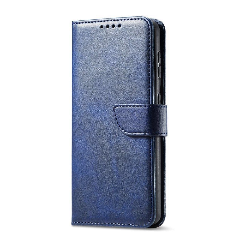 Niebieskie etui z klapką i funkcją podstawki, przeznaczone dla telefonu Samsung Galaxy S22+. Etui posiada magnetyczne zapięcie i otwory na głośnik.