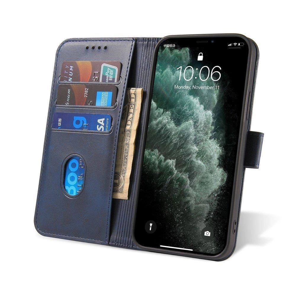Niebieskie etui z klapką na telefon, z miejscem na karty i banknoty. Telefon w etui wyświetla godzinę 10:06 i datę Monday, November 11.