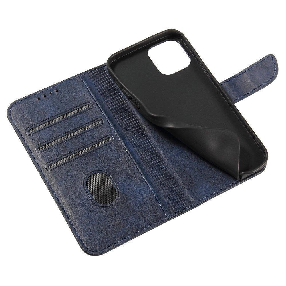 Niebieskie etui z klapką i funkcją podstawki, posiada trzy kieszonki na karty oraz miejsce na telefon. Wnętrze etui jest czarne, a na klapce widoczne są otwory na głośnik.