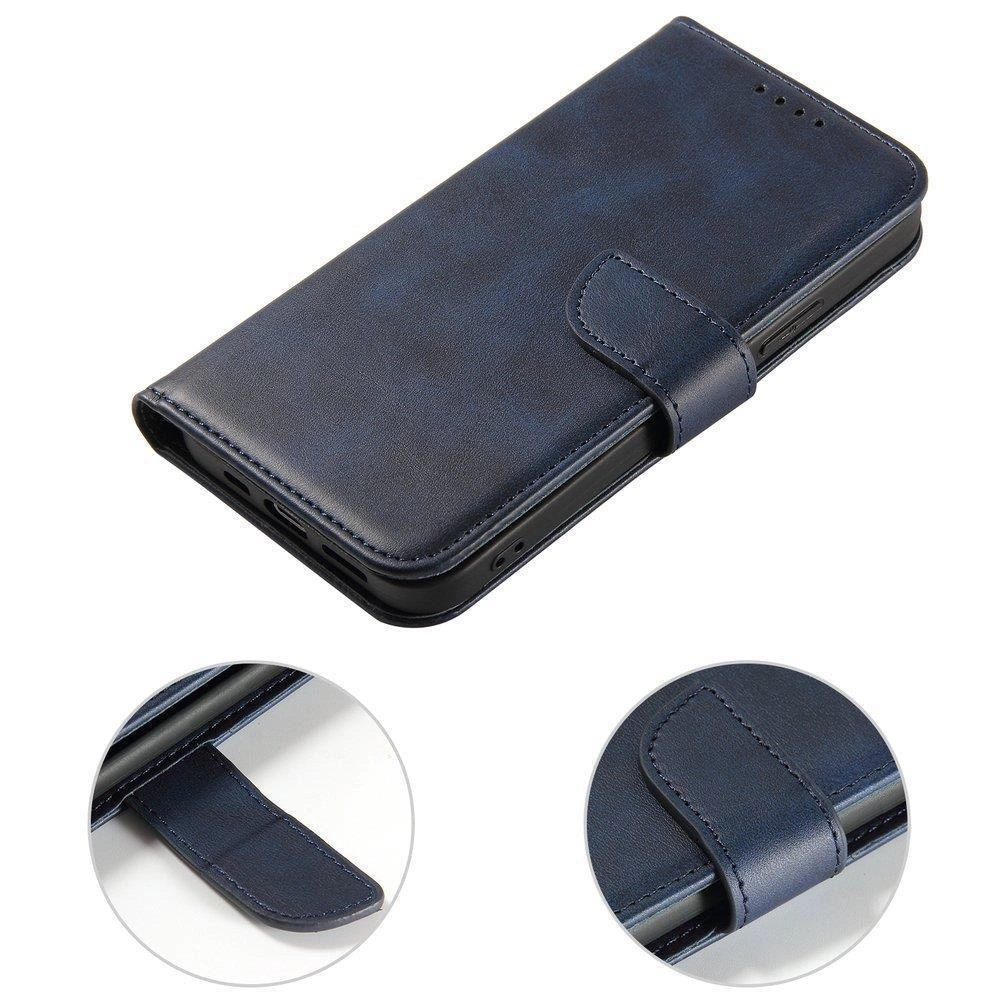 Niebieskie etui z klapką i funkcją podstawki, przeznaczone dla Samsung Galaxy A03S. Widoczne są detale zapięcia magnetycznego oraz otwory na głośnik.