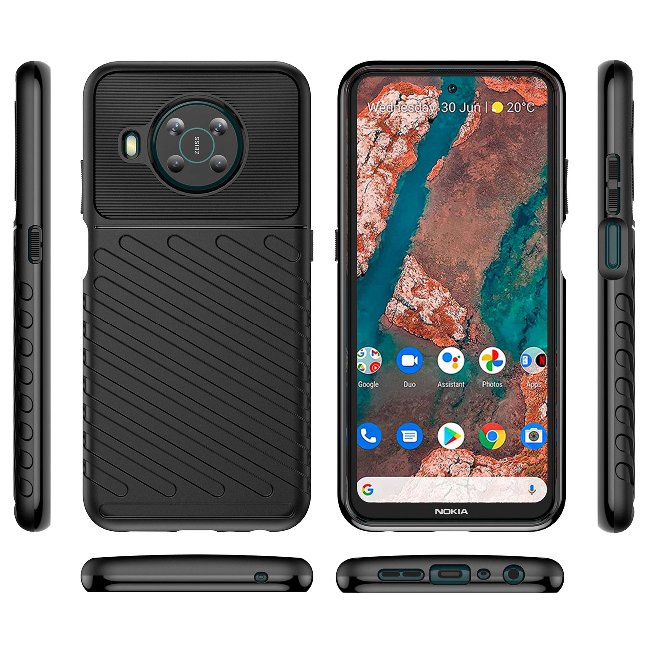 Obraz przedstawia czarne, elastyczne etui pancerne na telefon Nokia X100 z teksturowanym wzorem. Telefon w etui pokazuje ekran z aplikacjami i datą \'środa, 30 czerwca\'.
