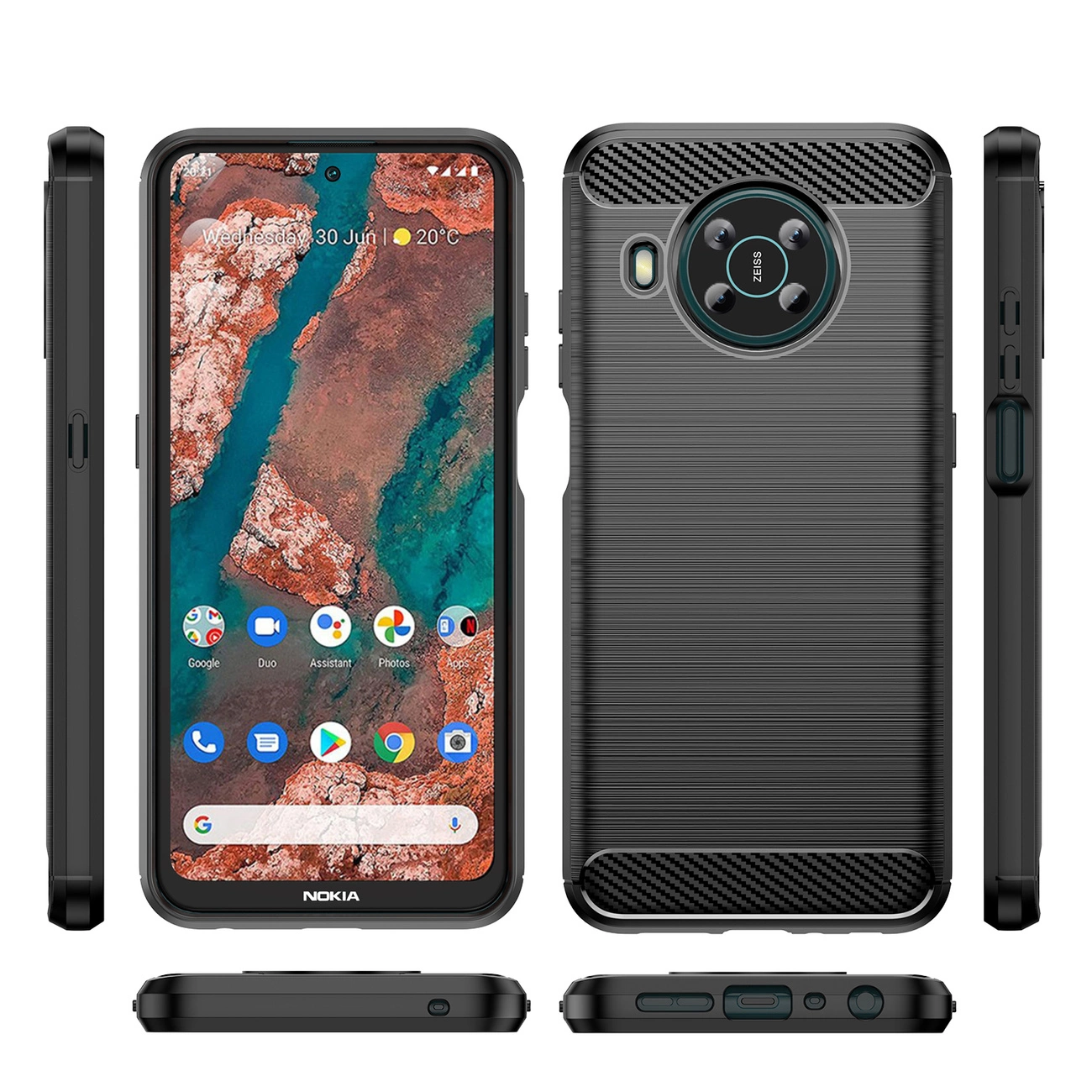 Obraz przedstawia czarne, elastyczne etui na telefon Nokia X100 z teksturą przypominającą włókno węglowe. Na ekranie telefonu widoczna jest data \'Wednesday, 30 Jun\' oraz temperatura \'20°C\'.