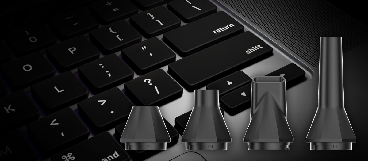 NAVITEL TF3 Compact JET do 4 godzin w trybie ekonomicznym 19 minut na pełnej mocy port USB-C poziom baterii czytelnemu wskaźnikowi LED wymienne końcówki regulację mocy nawiewu 0 koncowki na tle klawiatury