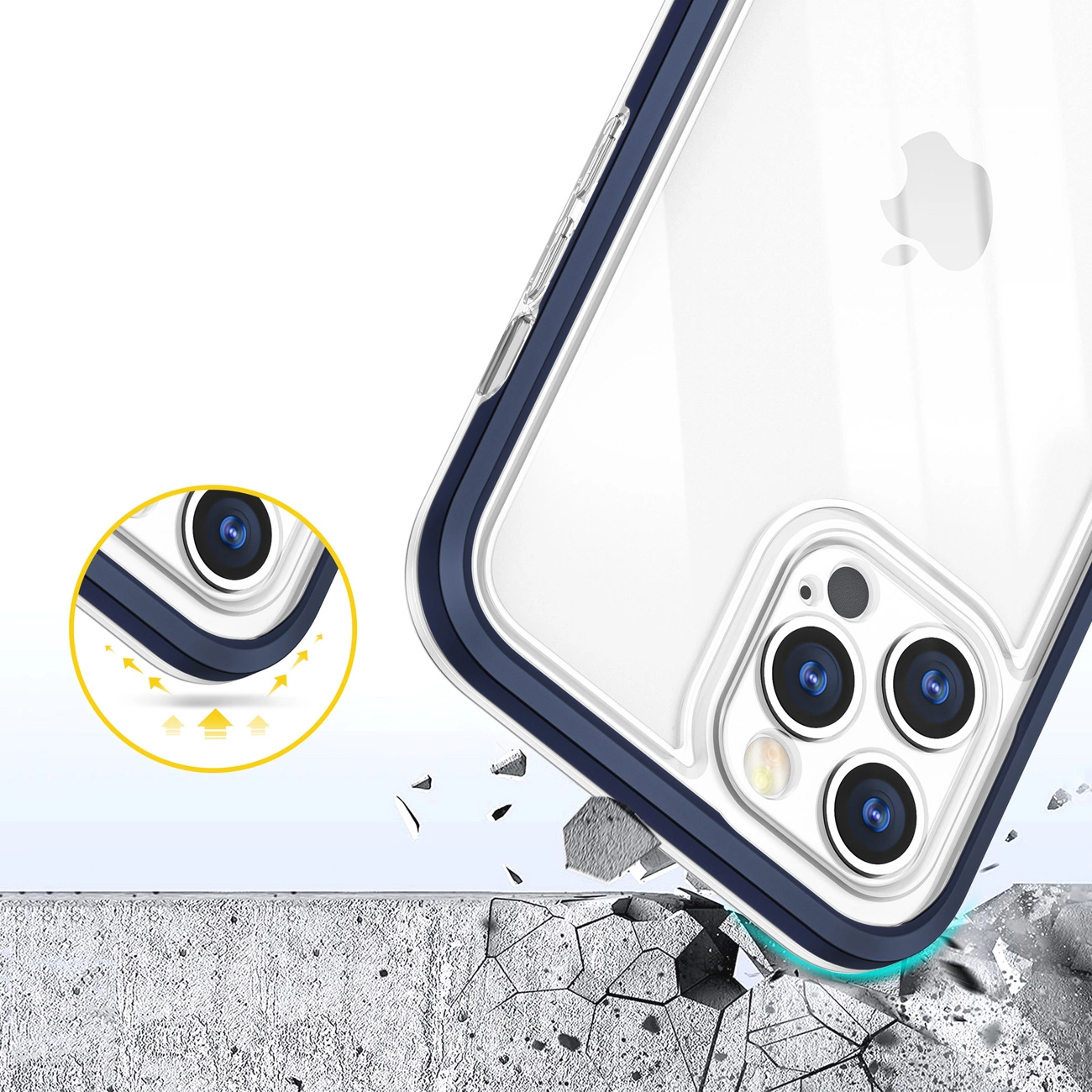 Obraz przedstawia przezroczyste etui na telefon z niebieską ramką, które jest pokazane w zbliżeniu na tle pękającej powierzchni. W lewym dolnym rogu znajduje się powiększenie ukazujące szczegóły ochrony aparatu.