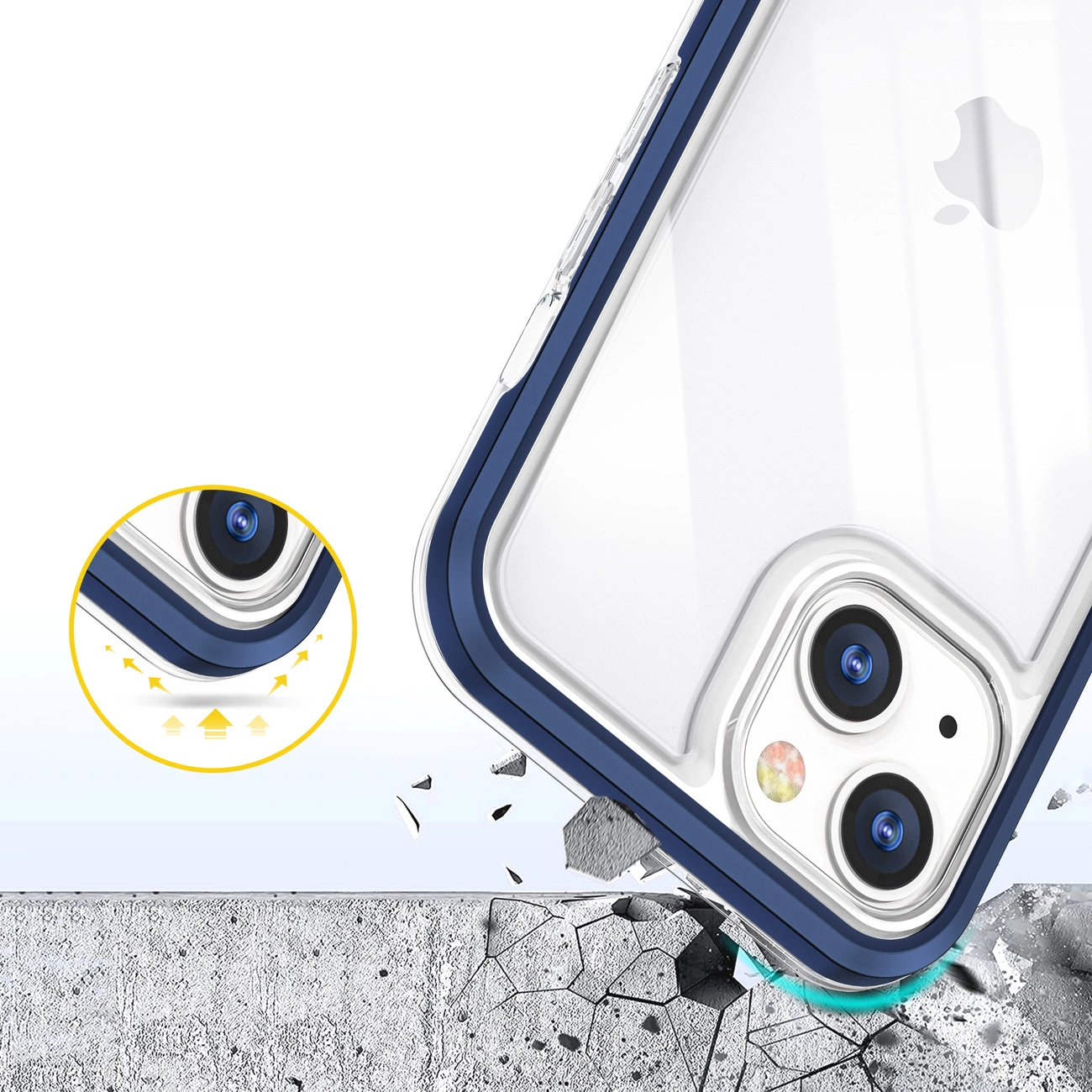 Obraz przedstawia przezroczyste etui na telefon z niebieską ramką, które upada na betonową powierzchnię, powodując pęknięcia. W lewym dolnym rogu znajduje się powiększenie ukazujące szczegóły ochrony aparatu.