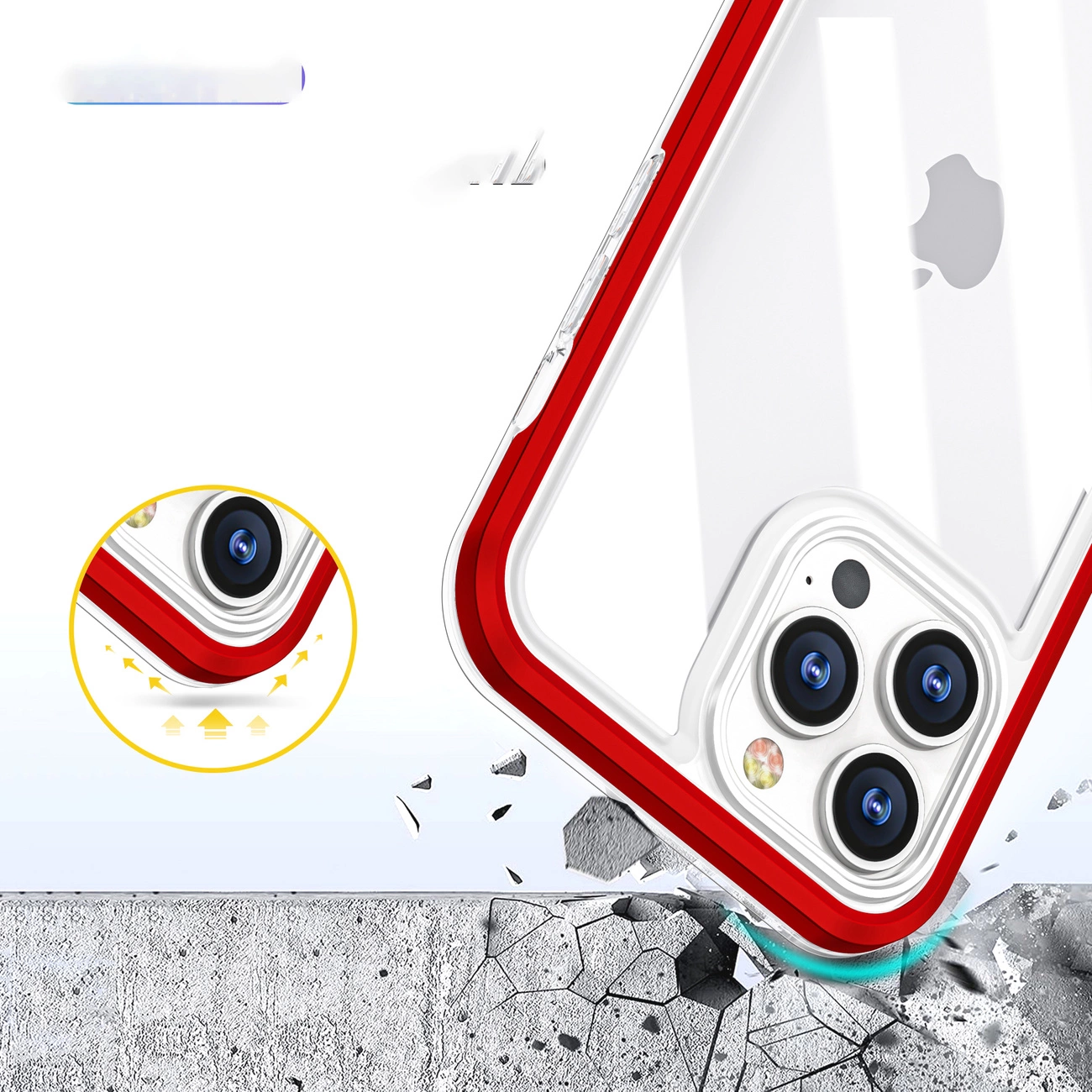 Obraz przedstawia przezroczyste etui na telefon z czerwoną ramką, które jest pokazane w dynamicznej scenie uderzenia o betonową powierzchnię. W lewym dolnym rogu znajduje się powiększenie ukazujące szczegóły ochrony aparatu.