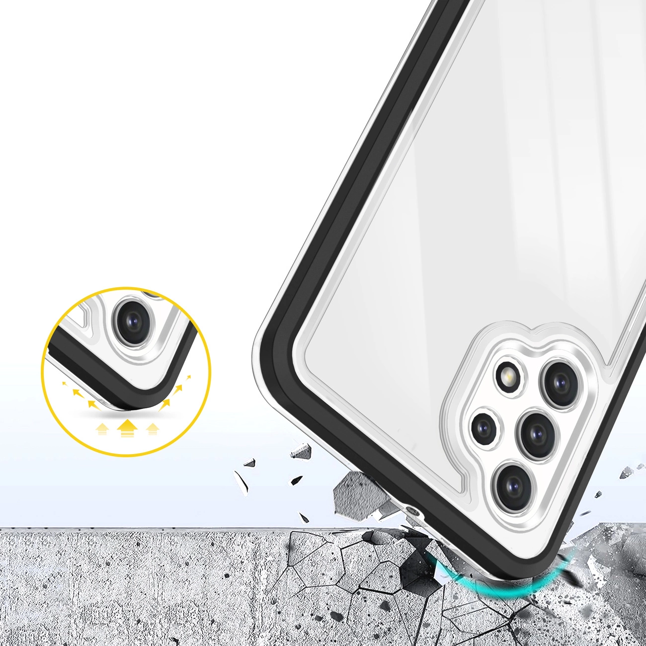 Obraz przedstawia przezroczyste etui na telefon z czarną ramką, które jest pokazane w trakcie upadku na betonową powierzchnię. W lewym górnym rogu znajduje się powiększenie narożnika etui z widoczną kamerą telefonu.