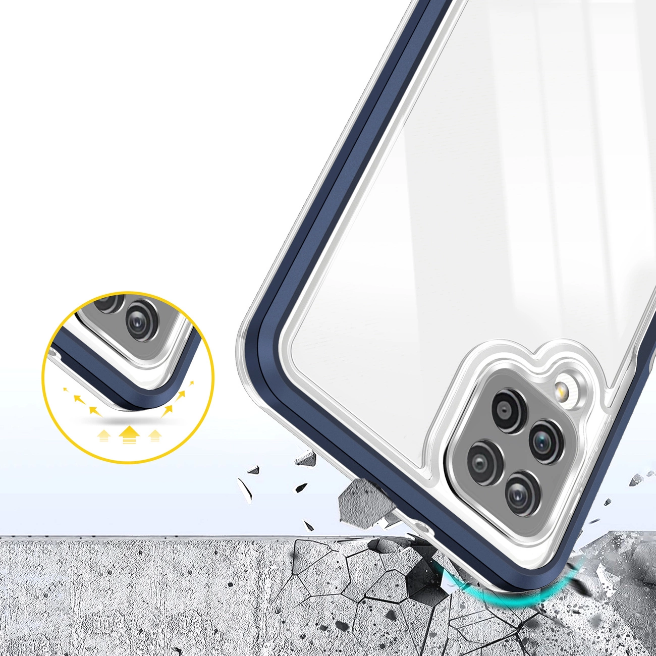 Obraz przedstawia przezroczyste etui z niebieską ramką na telefon, które upada na betonową powierzchnię, powodując pęknięcia. W lewym dolnym rogu znajduje się powiększenie pokazujące szczegóły ochrony narożnika etui.