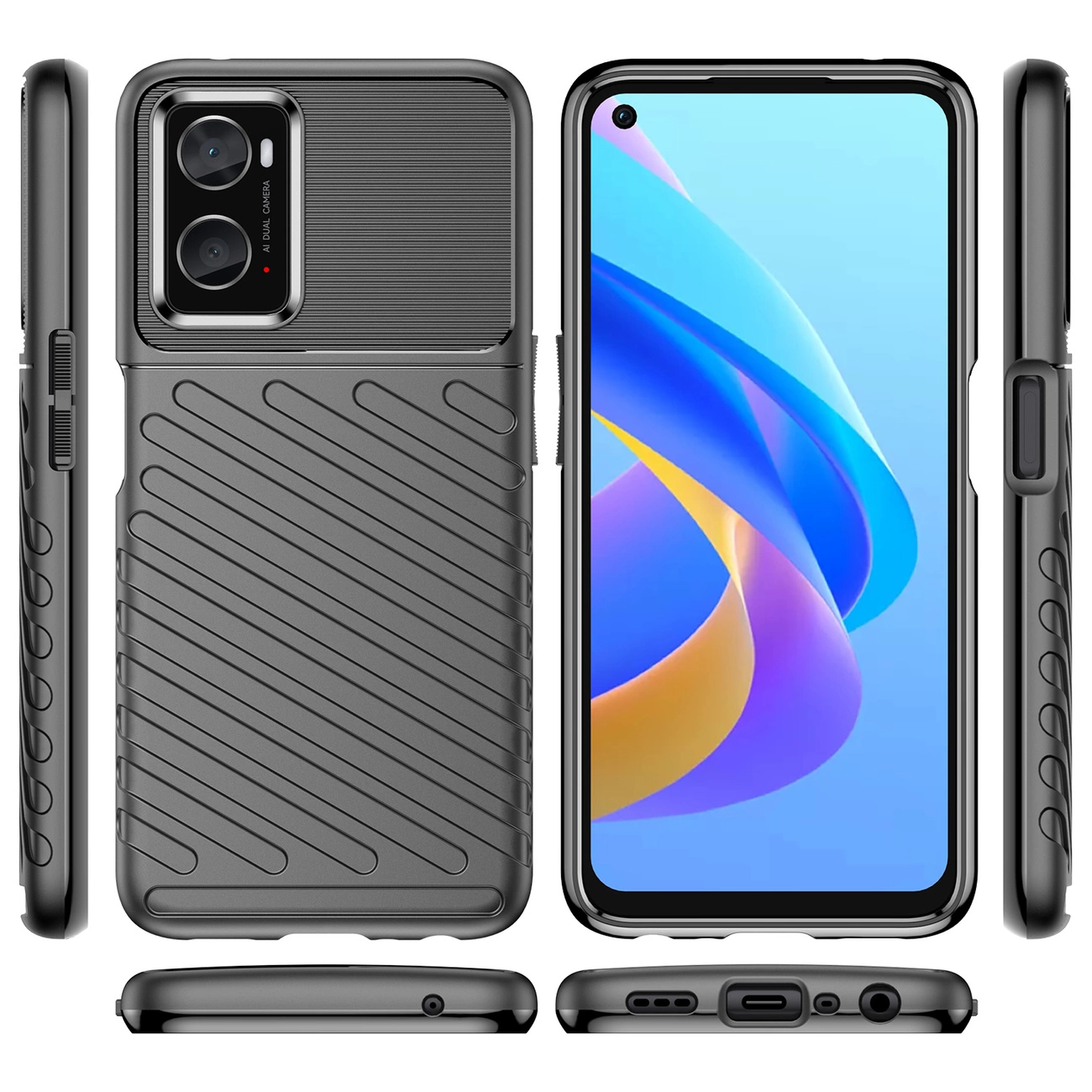 Obraz przedstawia czarne, elastyczne pancerne etui na telefon z teksturą w skośne linie. Etui jest dopasowane do modelu telefonu z widocznym ekranem i podwójnym aparatem fotograficznym.