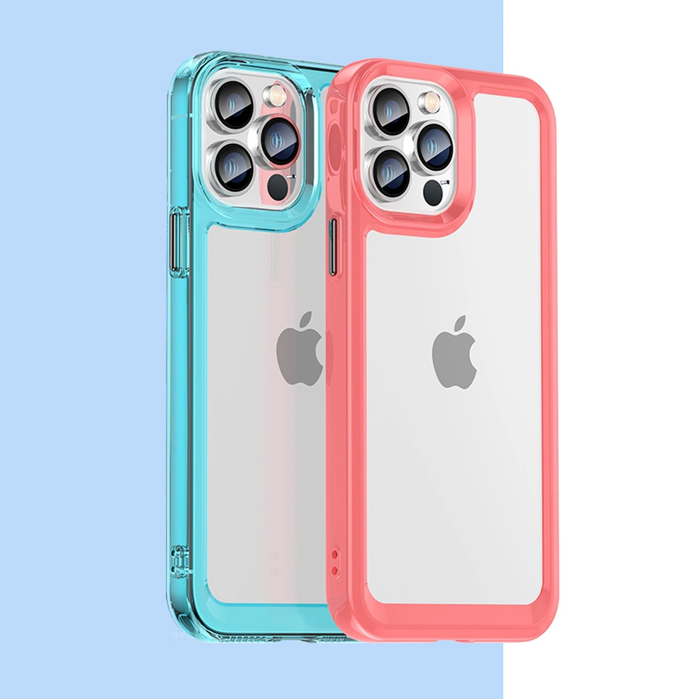Dwa etui na iPhone 12 Pro Max, jedno z niebieską, a drugie z różową ramką, z przezroczystymi plecami i widocznym logo w kształcie jabłka.