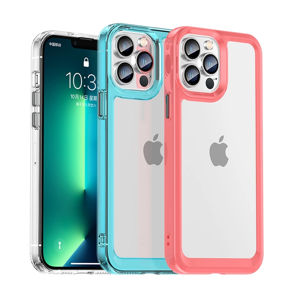 Dwa przezroczyste etui na iPhone 12 Pro Max z żelowymi ramkami w kolorach niebieskim i różowym. Na ekranie telefonu widoczny jest tekst: \'10:03 10月14日 星期四\'.