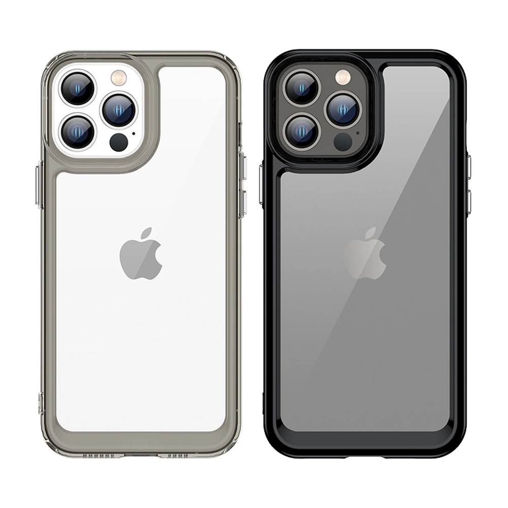 Dwa przezroczyste etui na telefon z widocznym logo jabłka, jedno z szarą ramką, drugie z czarną.