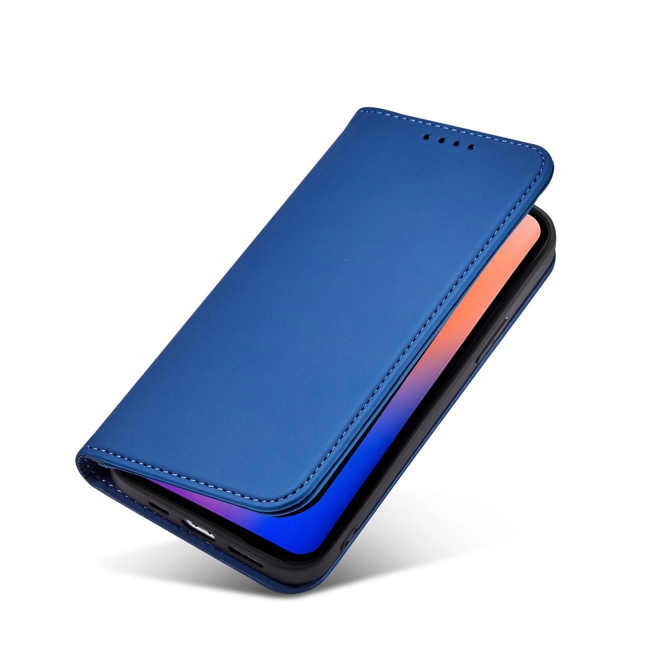Niebieskie etui na telefon z funkcją portfela, wykonane z gładkiego materiału, z widocznymi przeszyciami na krawędziach. Etui jest zamknięte, a w środku widać fragment ekranu telefonu.