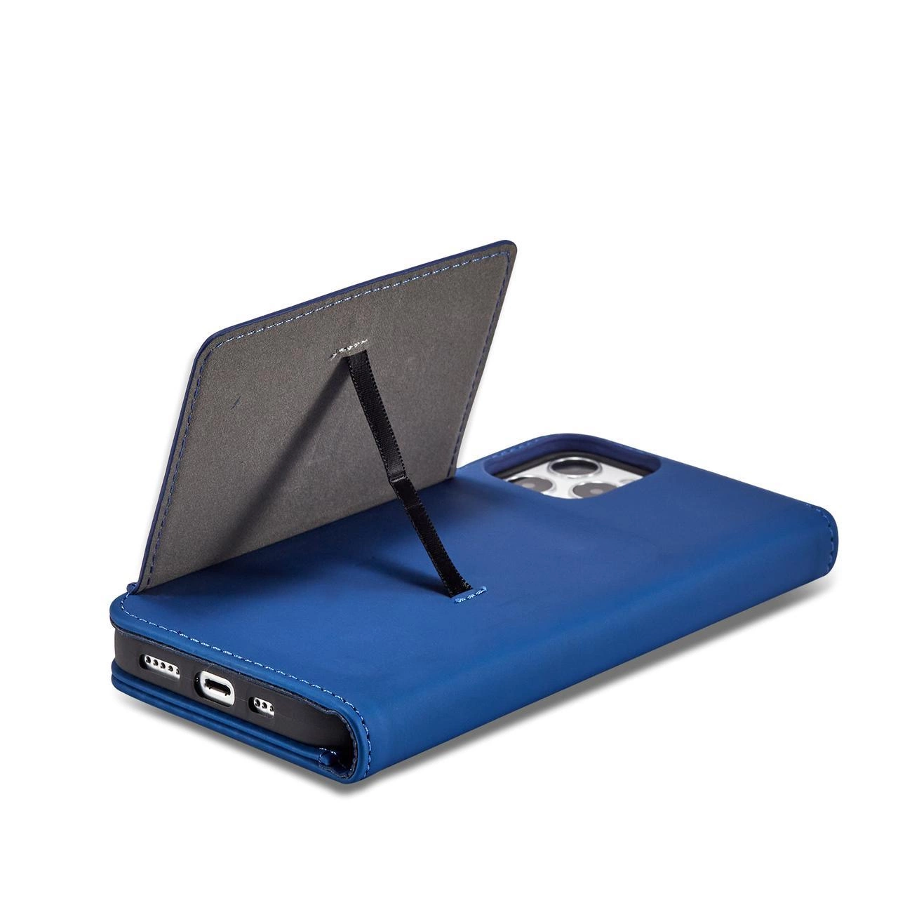 Niebieskie etui na telefon z funkcją podstawki, posiada miejsce na karty. Etui jest otwarte, ukazując wnętrze z czarnym paskiem podtrzymującym klapkę.