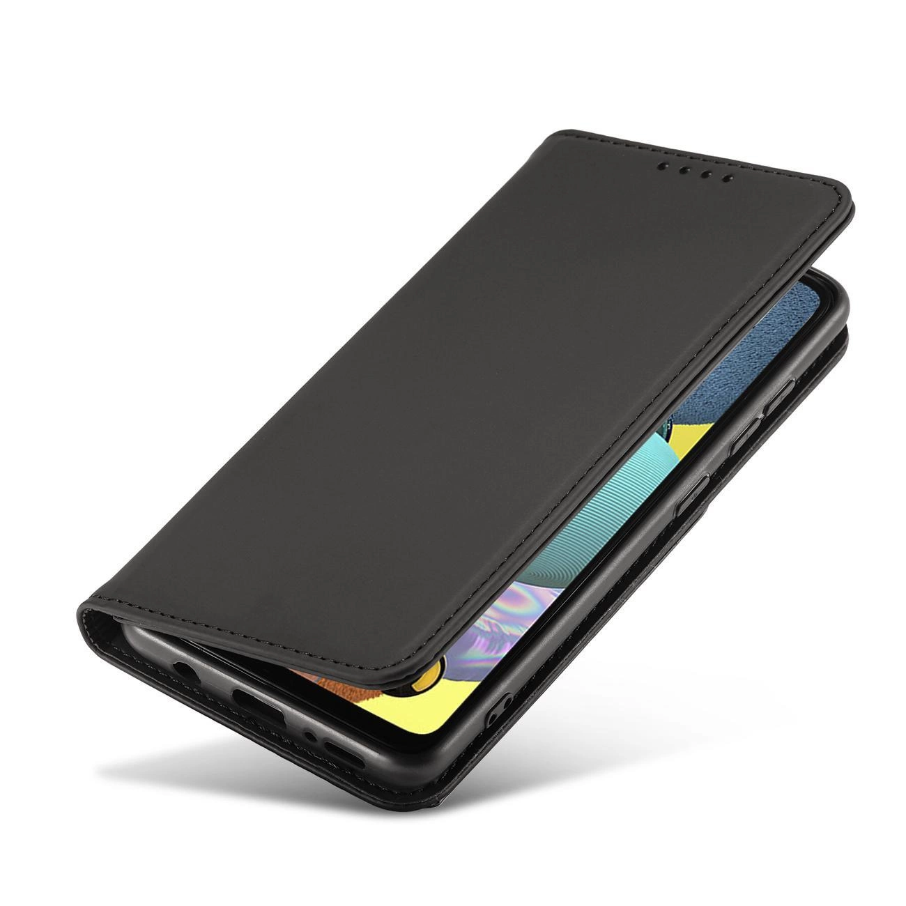 Czarne etui na telefon z funkcją portfela, częściowo otwarte, ukazujące kolorowy ekran telefonu. Etui posiada wycięcia na porty i przyciski oraz miejsce na kartę.