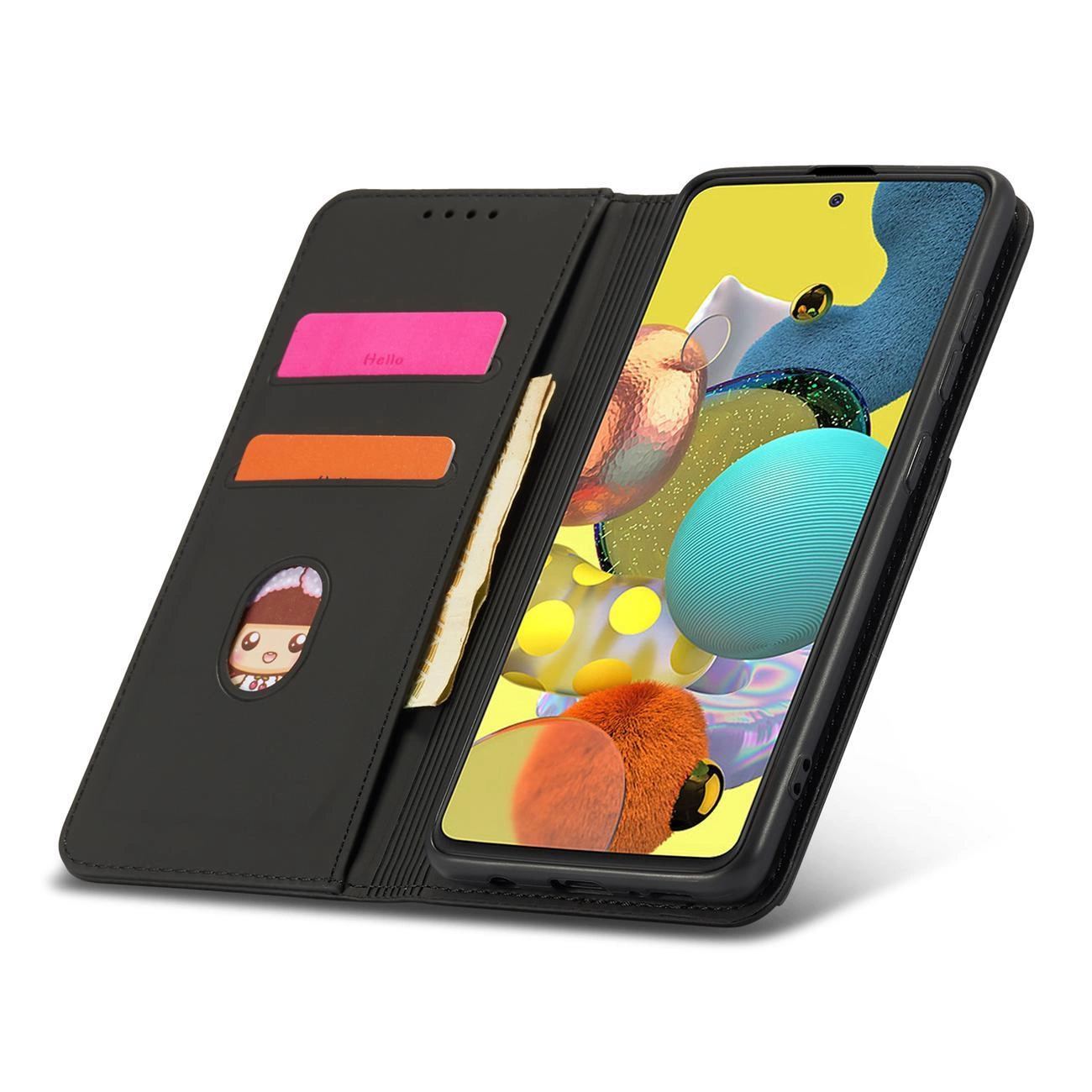 Czarne etui na telefon z miejscem na karty, w tym różową kartę z napisem \'Hello\' i pomarańczową kartę. Telefon w etui wyświetla kolorową grafikę z abstrakcyjnymi kształtami.