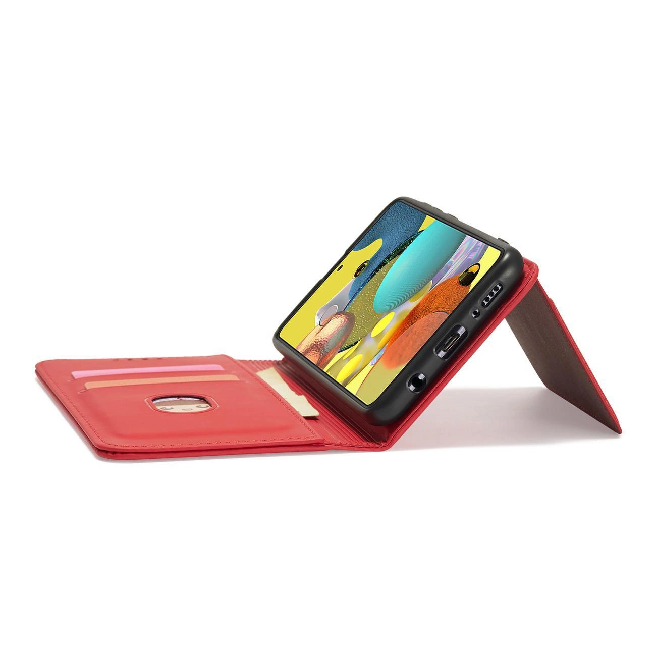 Czerwone etui na telefon z funkcją podstawki, z miejscem na karty wewnątrz. Telefon jest umieszczony w etui, a ekran jest widoczny.