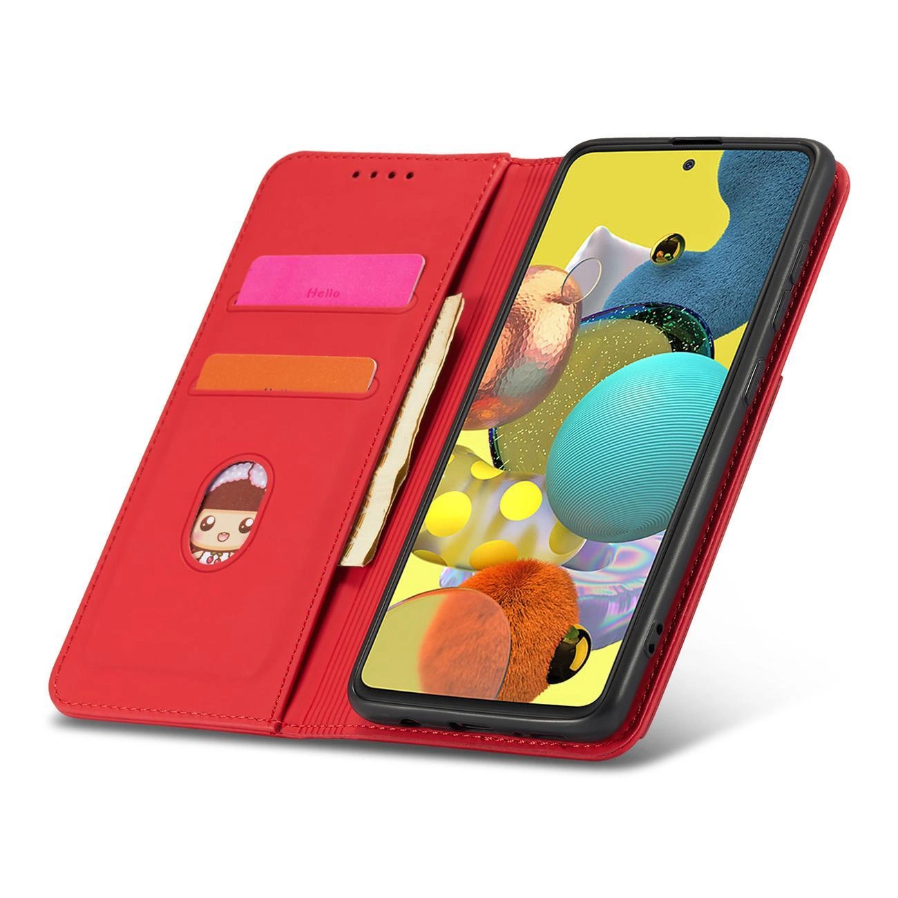 Czerwone etui na telefon z funkcją portfela, zawierające kieszenie na karty oraz okienko z rysunkiem postaci. Telefon w etui wyświetla kolorowy ekran z abstrakcyjnymi kształtami.