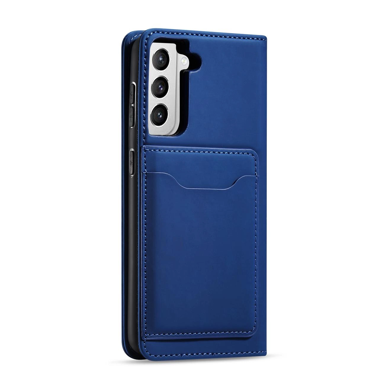 Niebieskie etui na telefon z trzema wycięciami na aparaty i kieszenią na karty. Etui ma widoczne przeszycia na krawędziach.