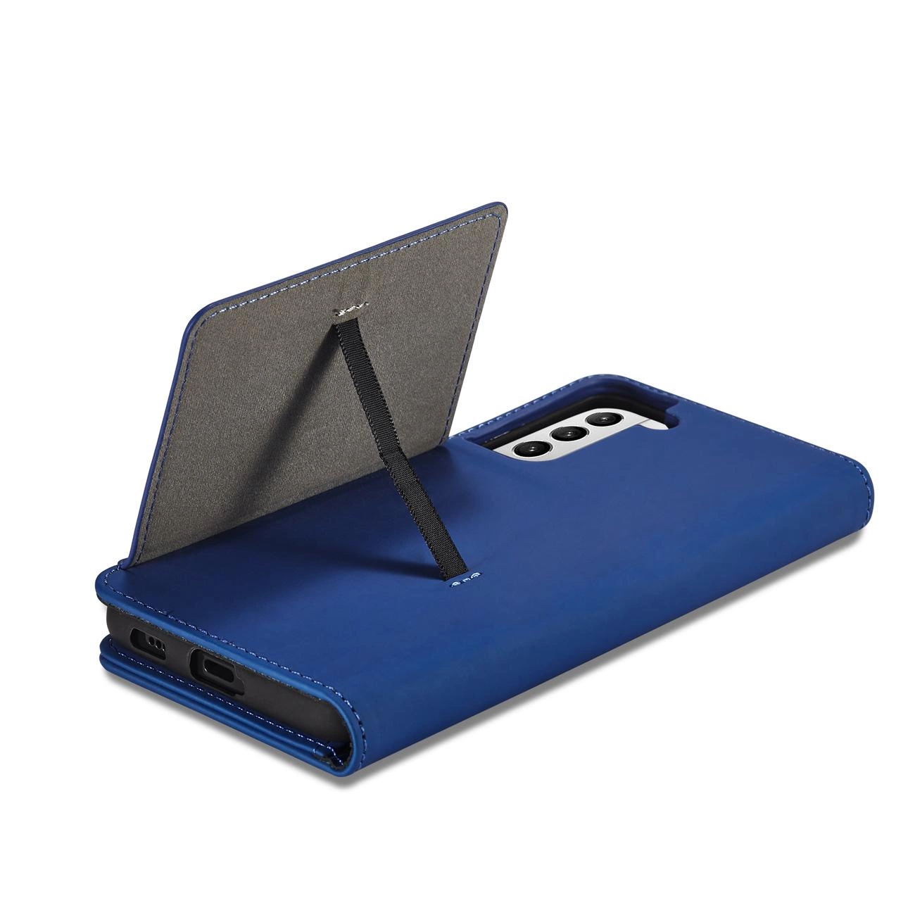 Niebieskie etui na telefon z funkcją podstawki, z trzema widocznymi otworami na aparat. Etui posiada miejsce na karty i jest wykonane z materiału imitującego skórę.