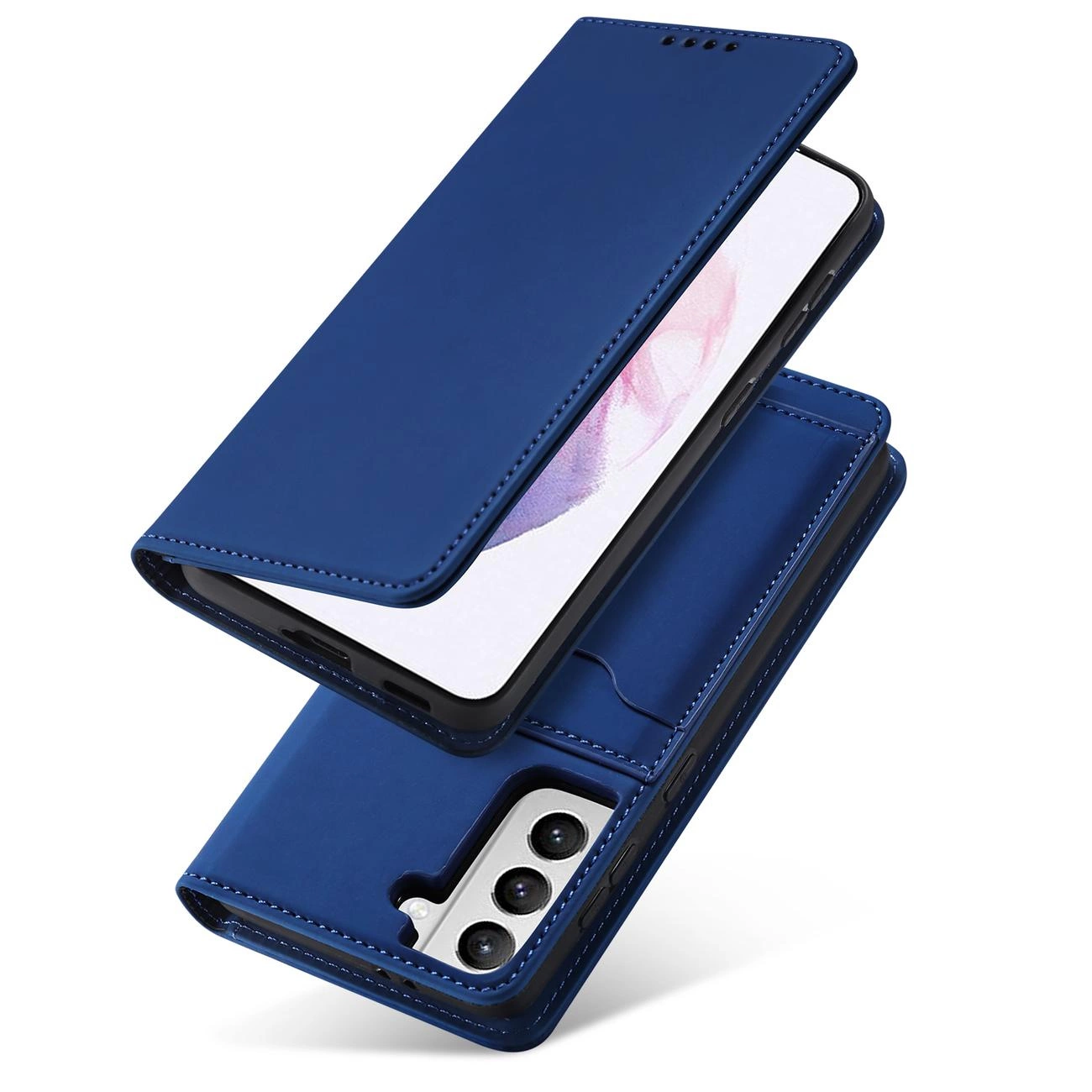 Niebieskie etui na telefon z funkcją portfela, przeznaczone do modelu Samsung Galaxy S22+. Etui posiada miejsce na karty oraz wycięcia na aparat i głośnik.