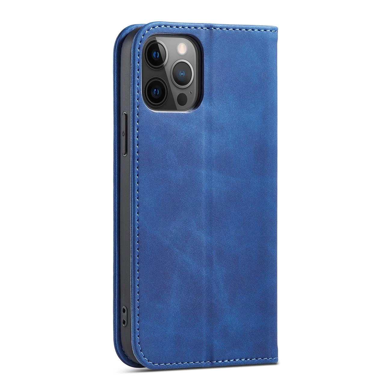 Niebieskie etui na telefon z funkcją portfela, widoczne są wycięcia na aparat i przyciski boczne. Etui ma teksturę przypominającą skórę i jest zamknięte.
