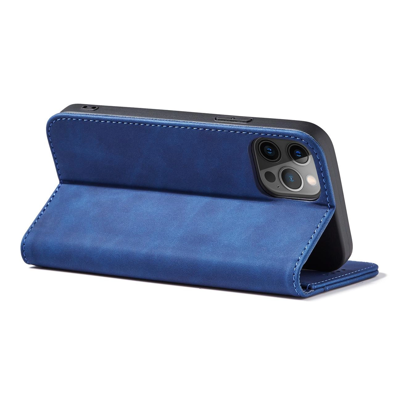 Niebieskie etui na telefon z funkcją podstawki, widoczne z tyłu z trzema aparatami fotograficznymi. Etui ma gładką powierzchnię i kontrastowe przeszycia.