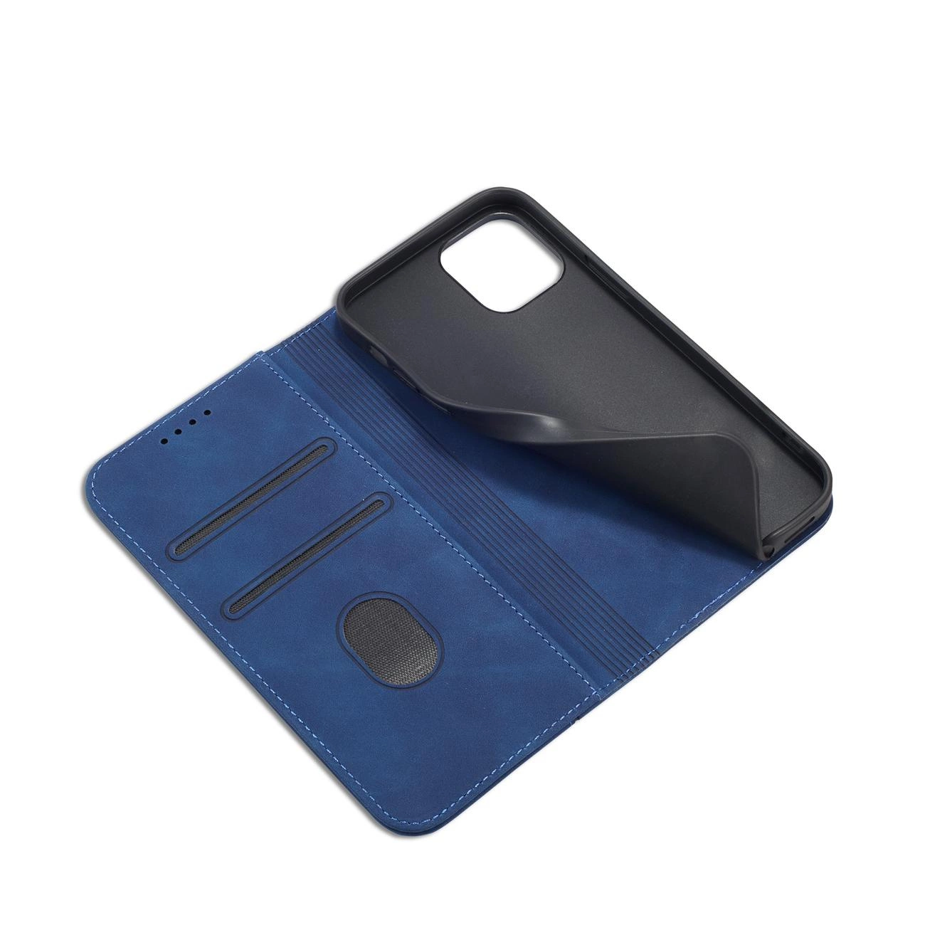 Niebieskie etui na telefon z miejscem na karty i funkcją podstawki, wykonane z materiału przypominającego skórę. Wewnątrz znajduje się czarna wkładka na telefon z wycięciem na aparat.