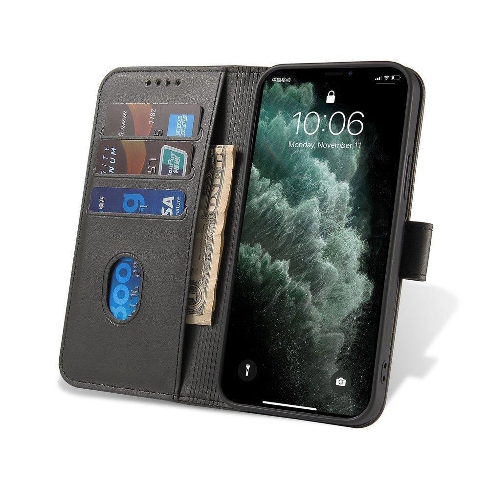 Czarny futerał na telefon z klapką, w której znajdują się kieszenie na karty i banknoty. Telefon w etui wyświetla godzinę 10:06 i datę Monday, November 11.