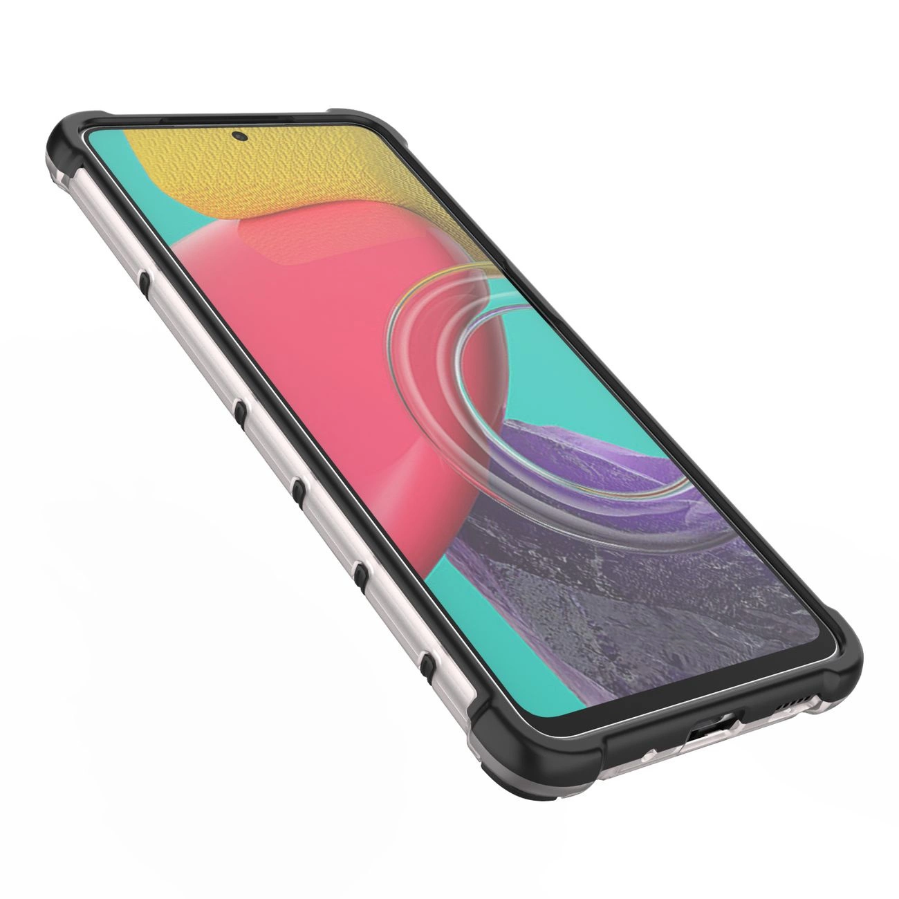 Obraz przedstawia smartfon w czarnym, pancernym etui z żelową ramką. Ekran telefonu wyświetla kolorową grafikę z elementami w odcieniach różu, żółci i fioletu.