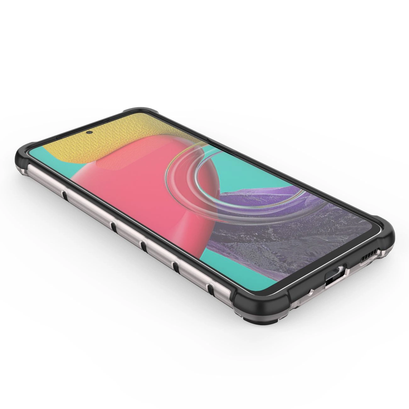 Obraz przedstawia smartfon w czarnym, pancernym etui z żelową ramką. Na ekranie widoczna jest kolorowa grafika z elementami w odcieniach różu, żółci i fioletu.