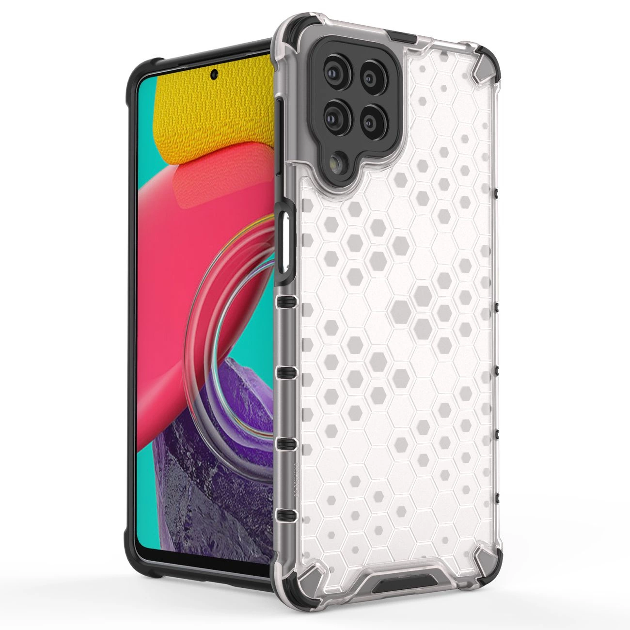 Obraz przedstawia smartfon w przezroczystym etui z wzorem plastra miodu, z widocznymi czterema obiektywami aparatu. Ekran telefonu wyświetla kolorową grafikę z elementami żółci, różu i fioletu.