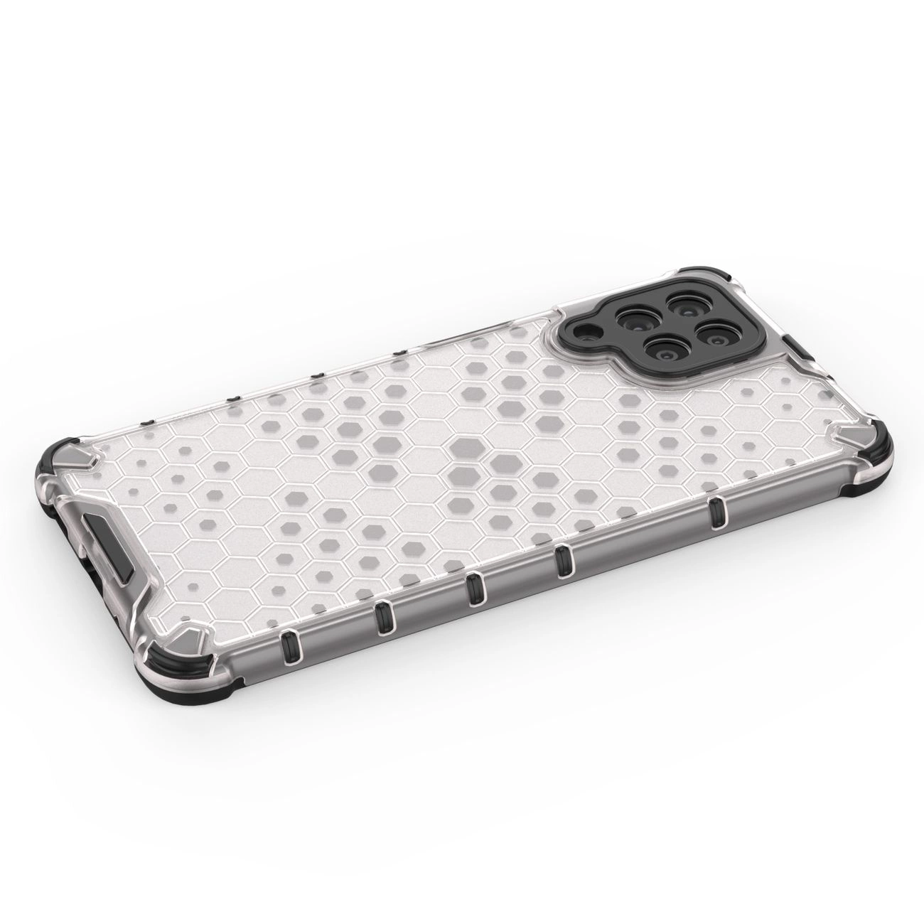 Etui na telefon z wzorem plastra miodu, wykonane z przezroczystego materiału z czarnymi wzmocnieniami na rogach. W górnej części znajduje się wycięcie na aparat z czarną ramką.