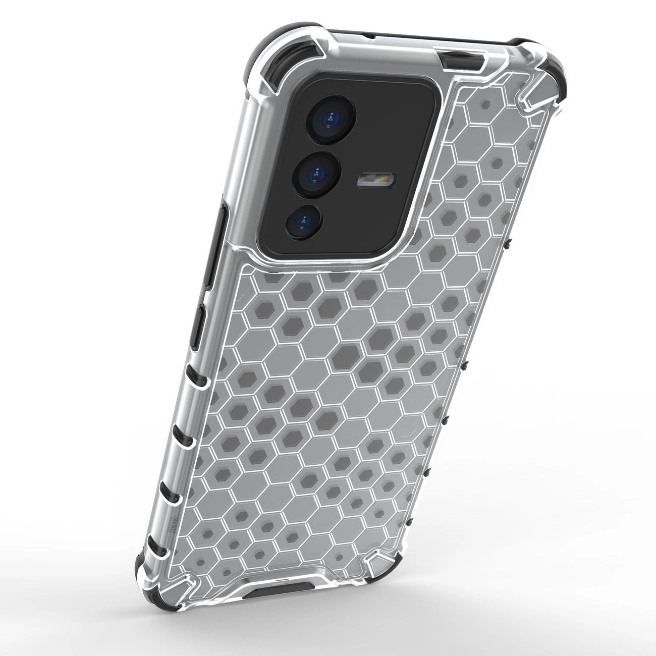 Przezroczysty etui na telefon z żelową ramką i wzorem plastra miodu. Widoczne są trzy obiektywy aparatu w czarnym module.