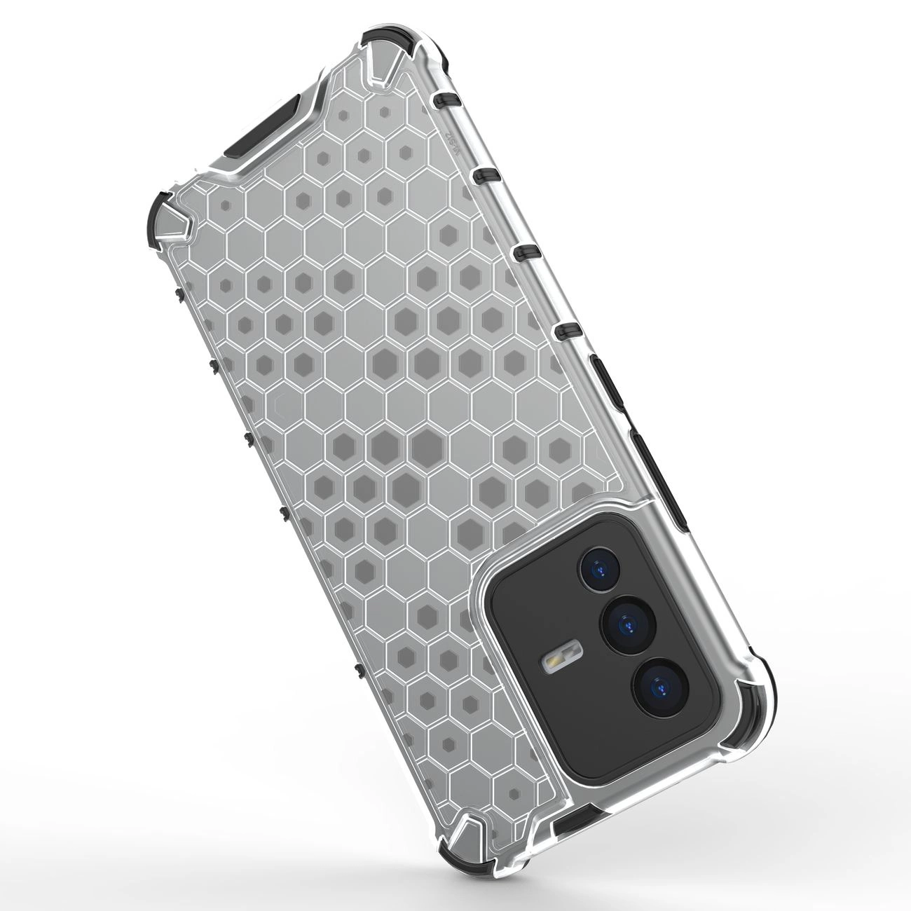 Przezroczysty etui na telefon z żelową ramką i wzorem plastra miodu. Widoczne są trzy obiektywy aparatu w rogu etui.