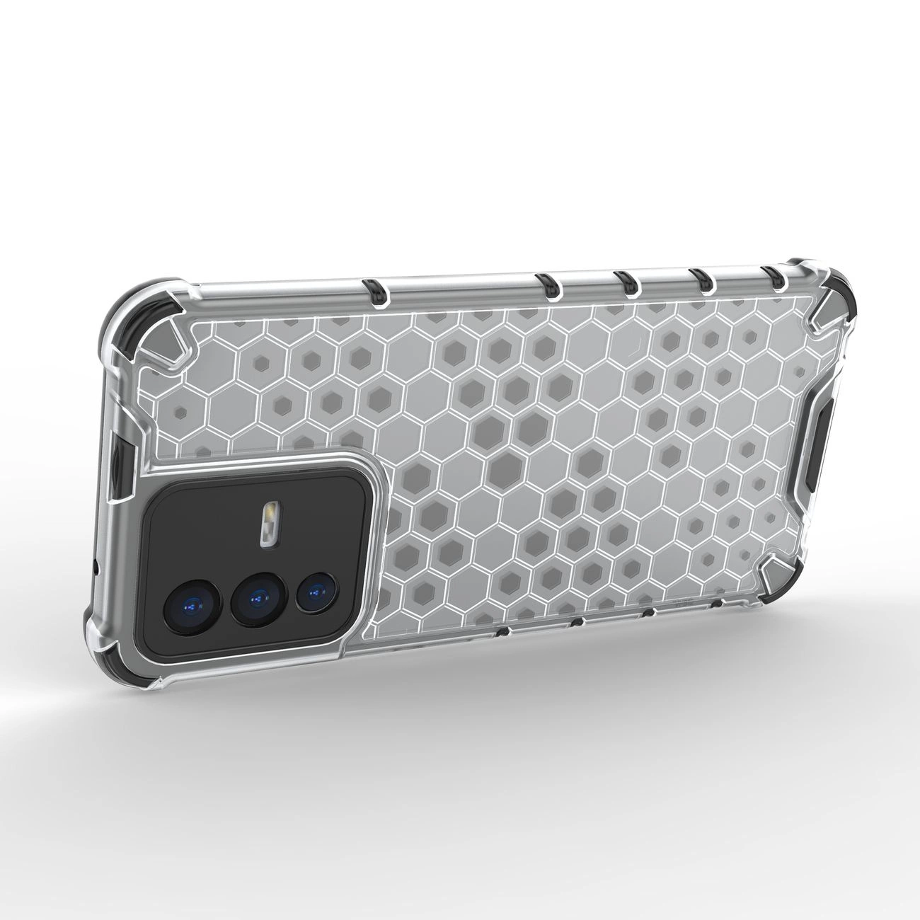 Obraz przedstawia przezroczyste etui na telefon z wzorem plastra miodu i czarną ramką wokół aparatu. Etui ma wzmocnione narożniki i wycięcia na przyciski oraz porty.