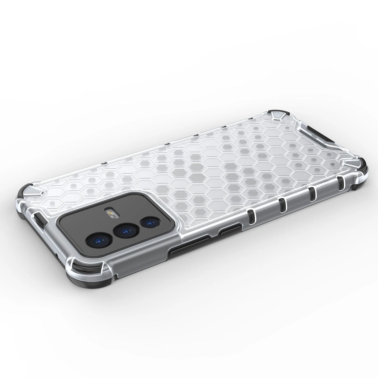 Obraz przedstawia przezroczyste etui na telefon z wzorem plastra miodu i czarnymi wzmocnieniami na rogach. Etui posiada wycięcia na aparat i przyciski boczne.