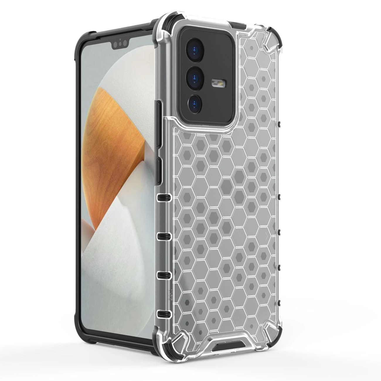 Obraz przedstawia telefon w przezroczystym etui z wzorem plastra miodu. Etui ma czarną ramkę i wycięcia na przyciski oraz aparat.