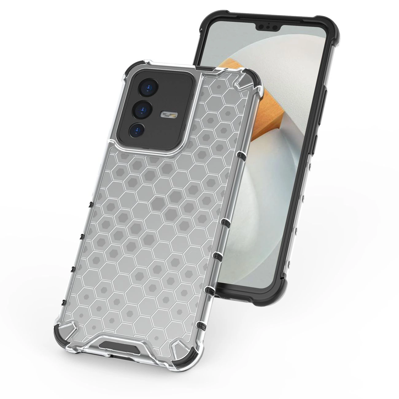 Obraz przedstawia telefon w przezroczystym etui z wzorem plastra miodu i czarną ramką. Na ekranie telefonu widoczny jest abstrakcyjny wzór w jasnych kolorach.