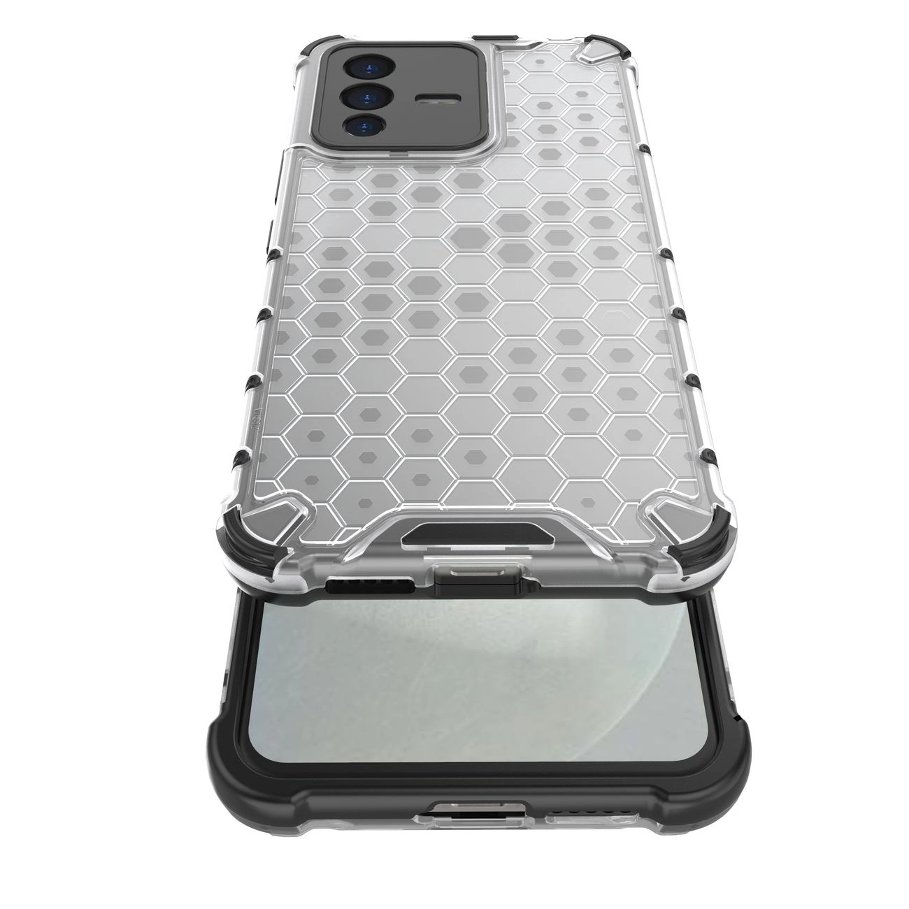 Obraz przedstawia przezroczyste etui z wzorem plastra miodu, przeznaczone na telefon. Etui ma czarną, żelową ramkę i widoczne wycięcia na aparat oraz porty.