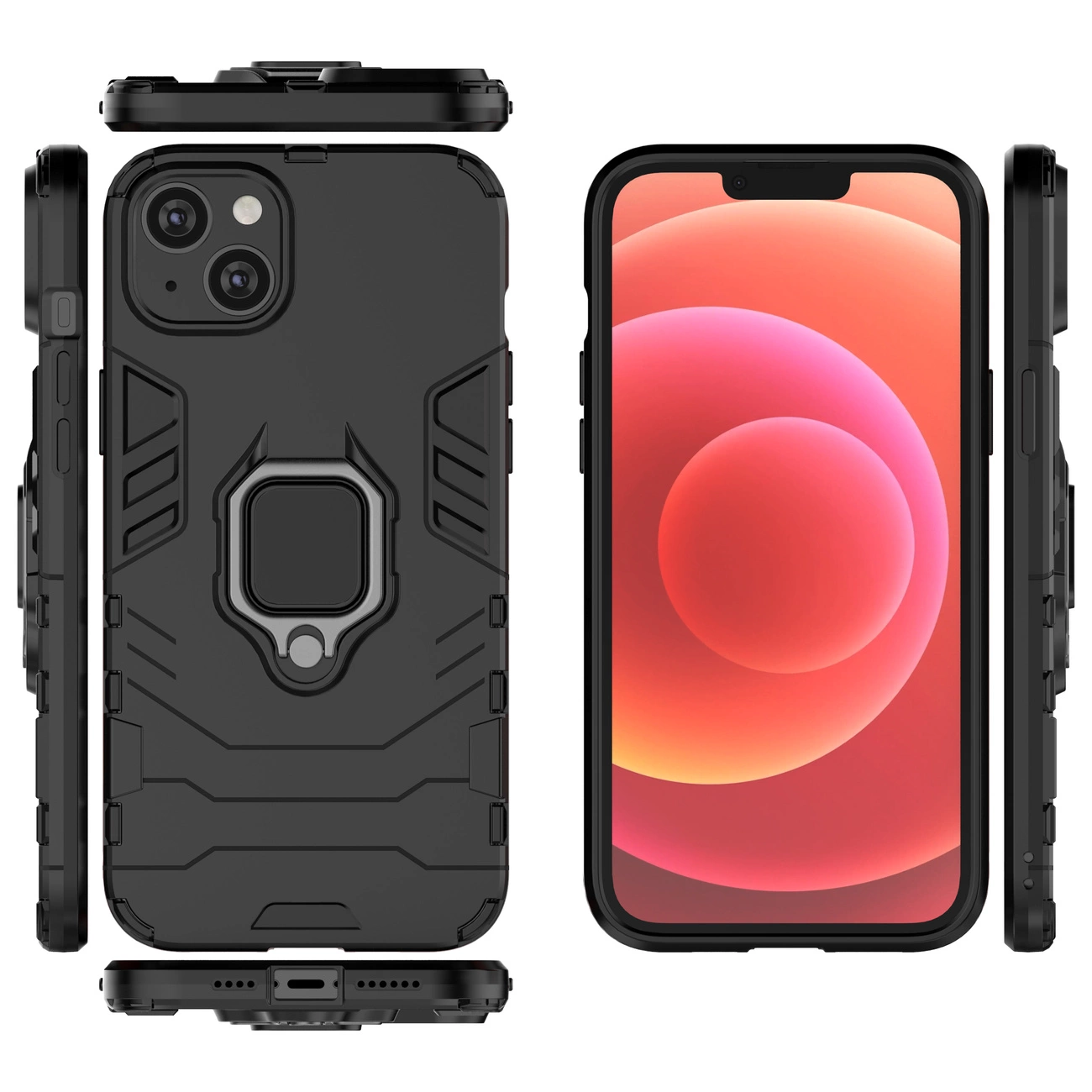 Czarne etui ochronne z uchwytem magnetycznym, przeznaczone do iPhone 14 Pro Max, widoczne z różnych perspektyw. Etui ma pancerną konstrukcję z wyraźnymi liniami i otworem na aparat.