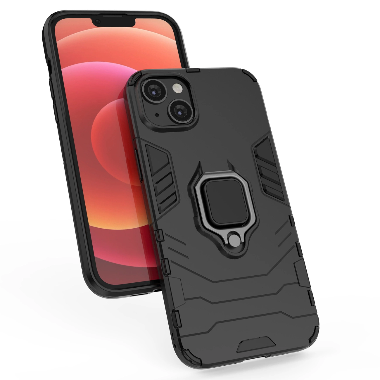 Czarne etui ochronne z uchwytem magnetycznym na telefon iPhone 14, prezentowane na białym tle.