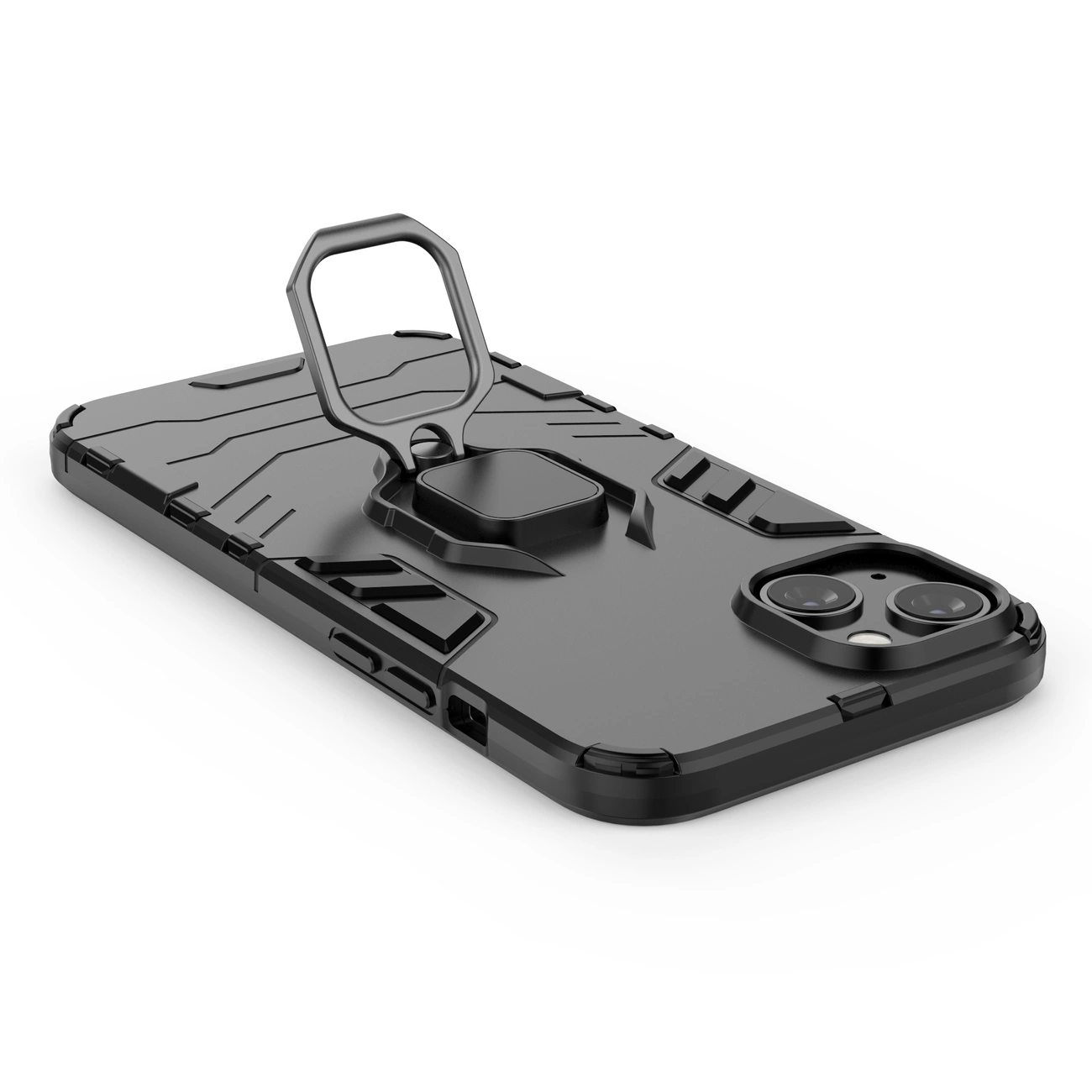 Czarne etui na telefon z wyraźnymi, geometrycznymi wzorami i wbudowanym uchwytem magnetycznym w kształcie pierścienia. Etui posiada wycięcia na aparat i przyciski boczne.