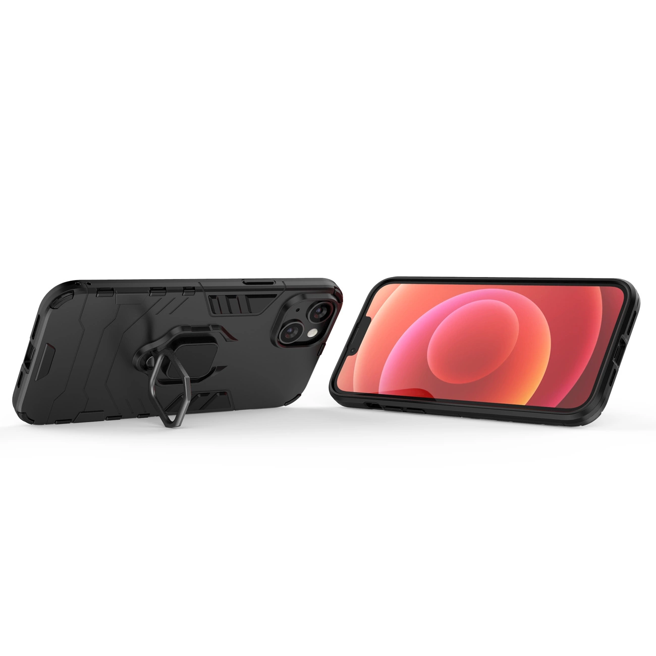 Na obrazie widoczne są dwa czarne etui na telefon, jedno z uchwytem magnetycznym w formie pierścienia, a drugie z ekranem wyświetlającym kolorowe tło. Etui mają pancerną konstrukcję z wyraźnymi liniami i wycięciami na aparaty.