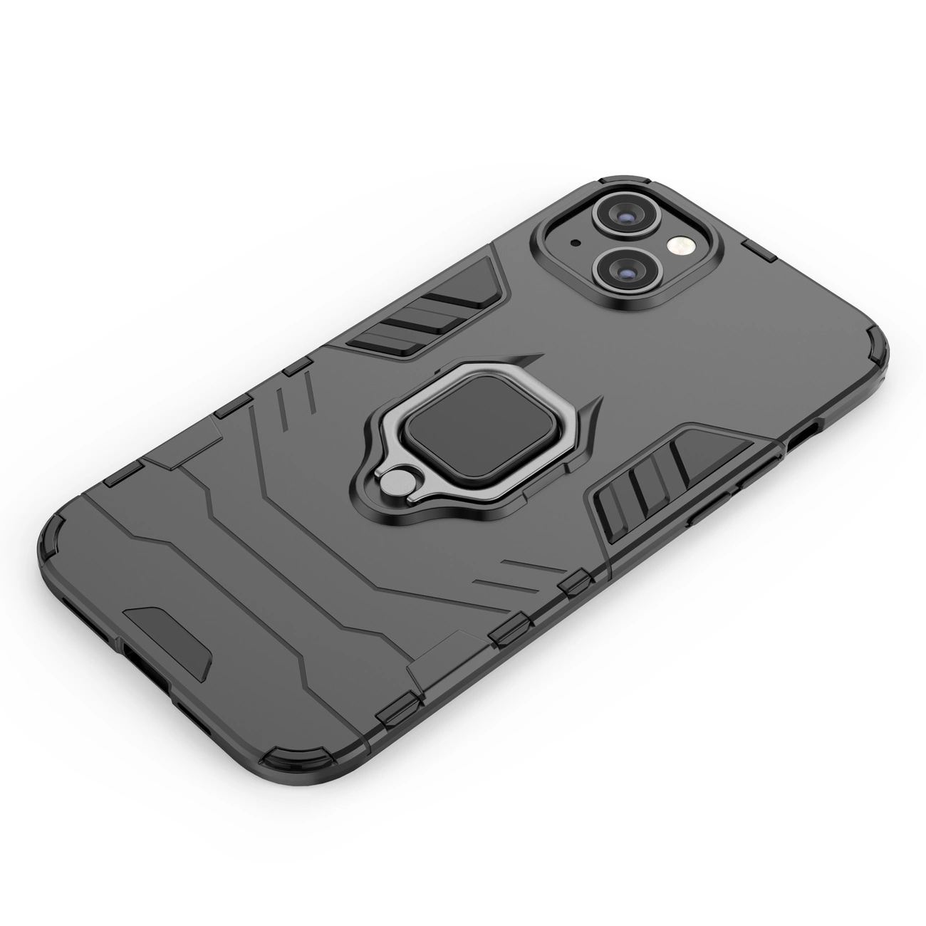 Czarne etui ochronne z geometrycznymi wzorami i magnetycznym uchwytem na tylnej stronie, przeznaczone do iPhone 14 Pro Max. Widoczne są dwa otwory na aparat oraz dodatkowy otwór na lampę błyskową.